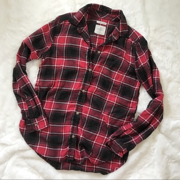 American Eagle Outfitters Tops - American Eagle Plaid Flannel Button Down Red Grey